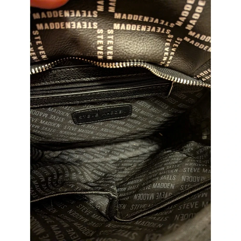 Steve Madden Black Logo Print Pebbled Leather Backpack Front Zip Pockets